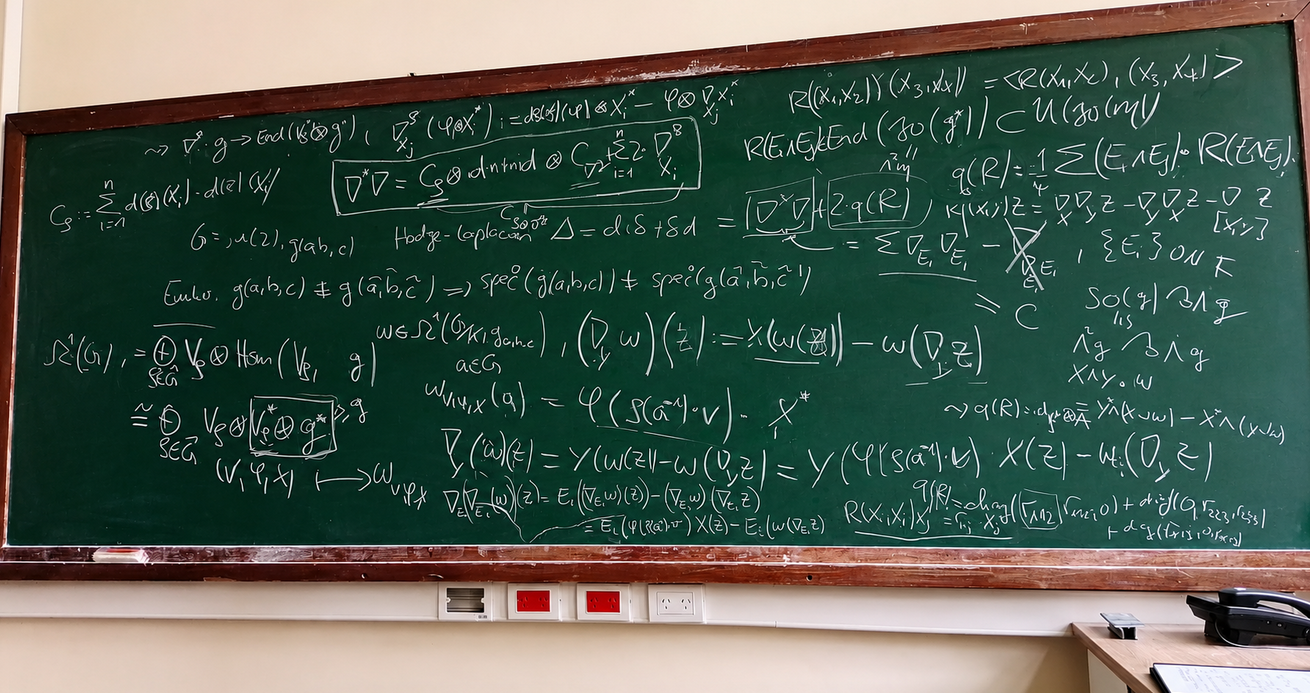 Blackboard covered with notes and formulas in differential geometry