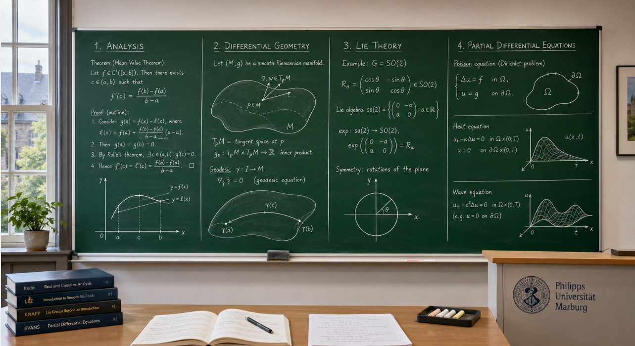 Illustration of a classroom blackboard with topics from analysis, differential geometry, Lie theory, and partial differential equations